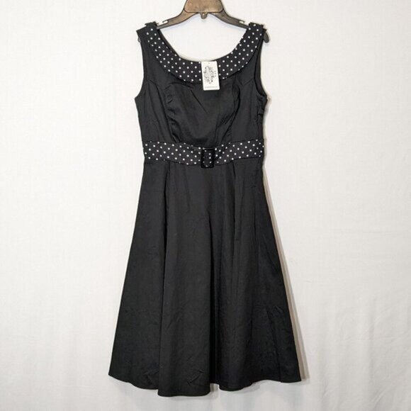 HEARTS & ROSES Black Sleeveless Dress w White Dotted Collar and Belt; Size 8 - Picture 1 of 7
